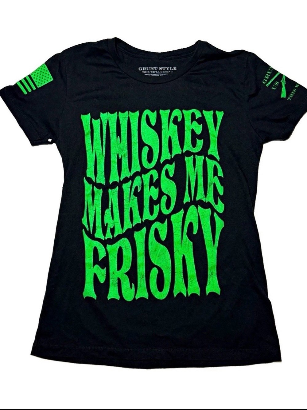 Grunt Style Black T‑Shirt with Neon Green 'Whiskey Makes Me Frisky' Graphic
